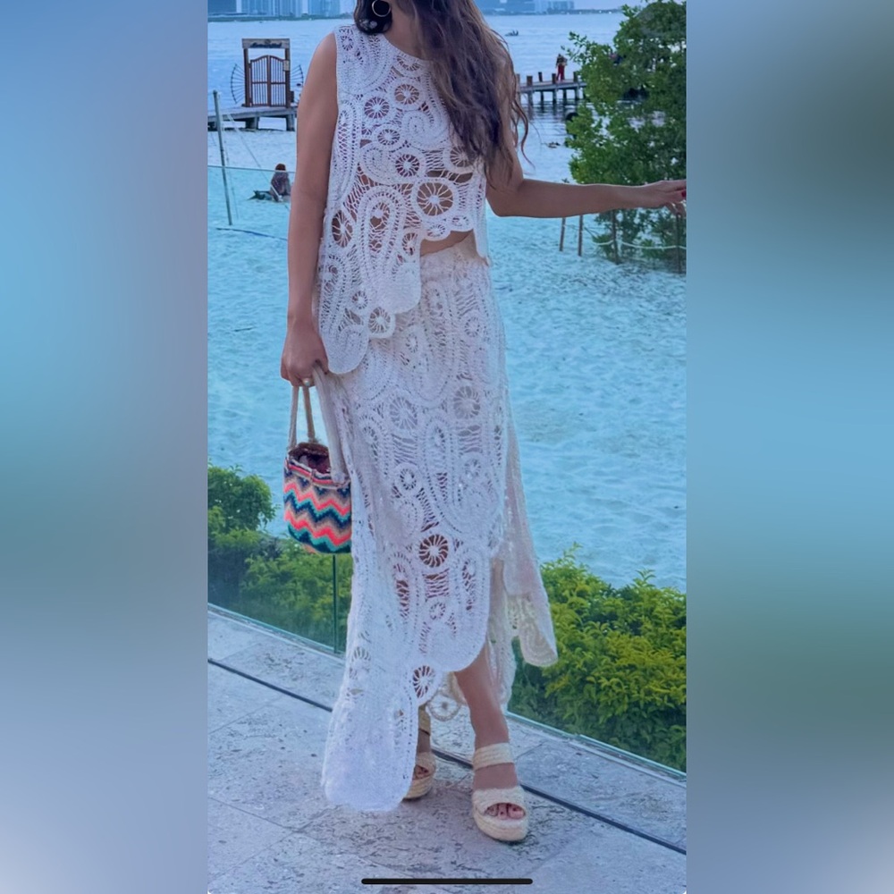Women Cream Two Pieces Skirt Set Crochet Knit